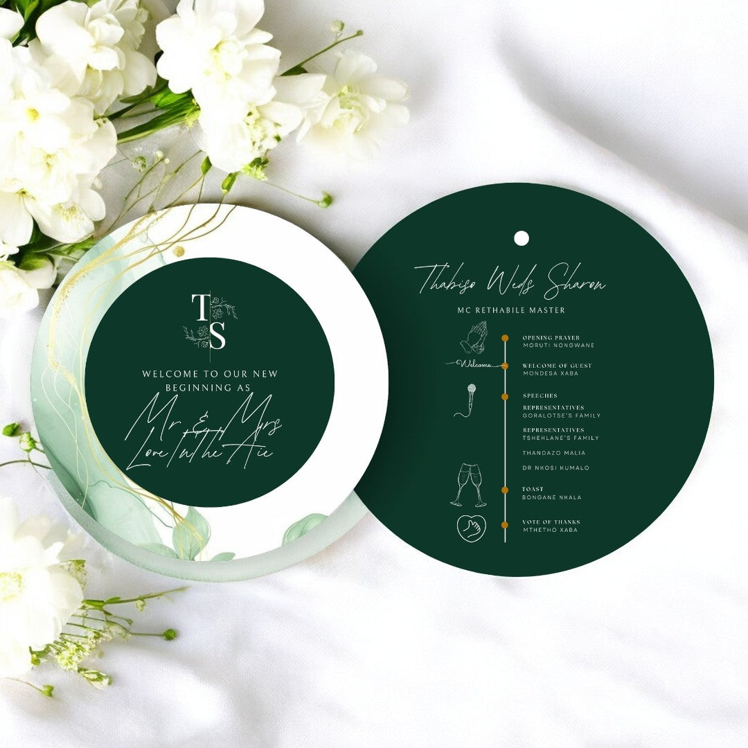 Custom 2-Piece Round Wedding Program & Menu – Stylish Design for Modern & Traditional Celebrations